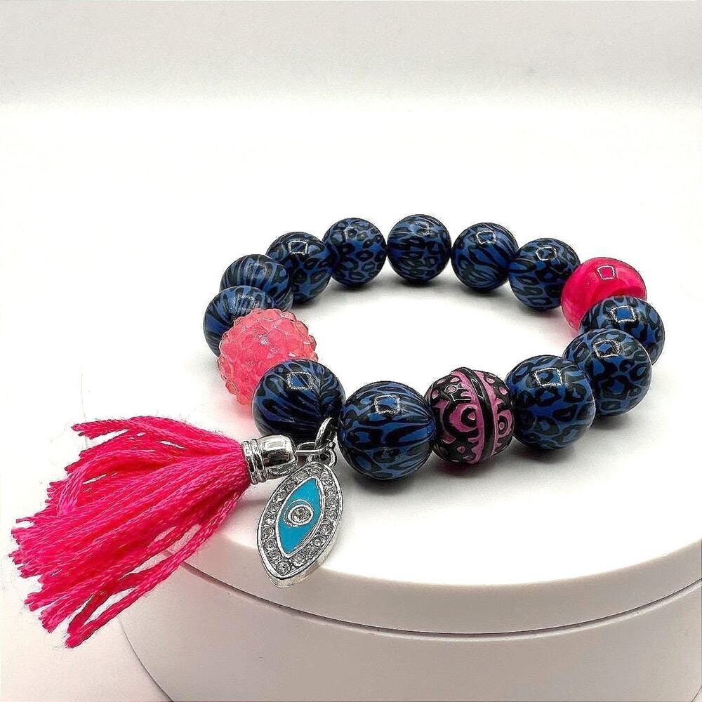 Vintage Y2K Leopard Print Evil Eye Tassel Charm Beaded Bracelet Women's Jewelry